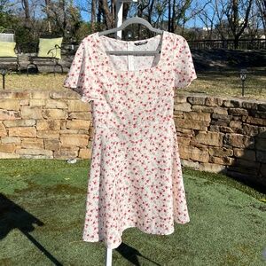 Flutter-Sleeve, Square-Neck, Cream Sundress with Red Roses